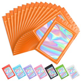 Funfery 100 pcs Smell Proof Mylar Holographic Bags Packaging Bags, Clear Resealable Odor Proof Bags Small Zipper Foil Pouch Bags for Food Storage Gloss Eyelash Jewelry Sample Treat Bags(Orange,4x6in)