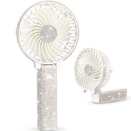Mudder Rhinestone Handheld Fan Crystal Bling Mini Personal Fan Glitter Bedazzled Portable USB Rechargeable & Battery Operated for Girls Women Outdoor Travel Indoor Makeup Office(White,Foldable)