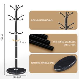 LOZABEE Metal Coat Rack Stand, Modern Freestanding Coat Rack with Natural Marble Base, Coat Racks and Coat Hall Tree Hanger Stand for Entryway, Hallway, Office (12 HOOKS)