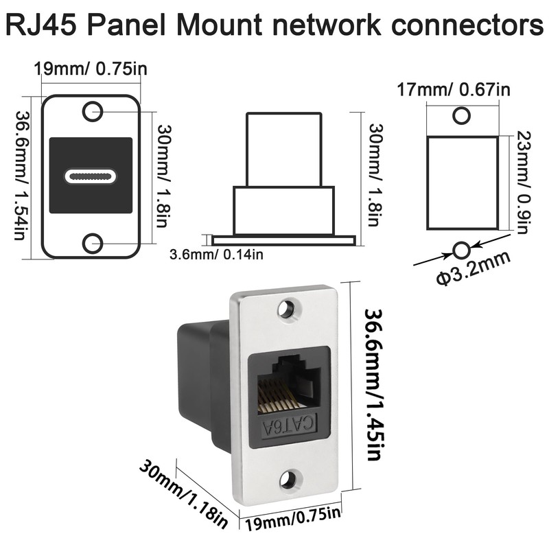 QIANRENON RJ45 Rectangular Panel Network Adapter Cat6A RJ45 8P8C Female