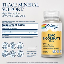 SOLARAY Zinc Picolinate 25 mg - Zinc Supplements for Men and Women - Immune Support Supplement - Vegan, Gluten Free, Lab Verified - 60-Day Guarantee - 60 Servings, 60 Tablets