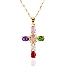 14K Gold Plated Cross Necklace for Women, Cubic Zirconia Pendant, Dainty Religious Jewelry, ValentinesDay Gifts for Her, Stocking Stuffers, Anniversary, Birthday Gifts for Women - Adjustable Chain (Stained Glass)