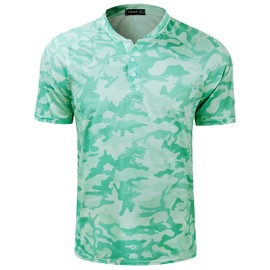 TAPULCO Mens Sun Protection UPF 50+ Collarless Golf Shirts Sports Tee Fast Dry Camouflage Polo Henley T-Shirts Camo Light Green X-Large