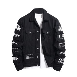 SOLY HUX Men's Denim Jacket Letter Graphic Button Down Flap Pocket Long Sleeve Streetwear Jacket Black Letter Medium