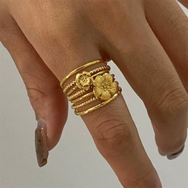 OIDIMS Trendy Boho Gold Flower Knuckle Stackable Rings Set for Women Vintage Joint Finger Midi Multi Layer Cuff Ring Dainty Stainless Steel Simple Statement Open Adjustable Band Minimalist Jewelry