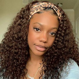Aiterina Headband Wig Human Hair Headband Wig Deep Wave Human Hair Wigs for Black Women Glueless Human Hair Wigs Machine Made 150% Density No Lace Deep Headband Wig Chocolate Brown 28 inch