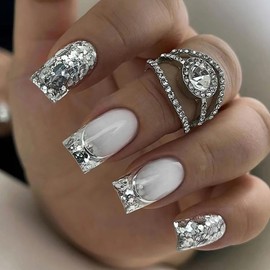 Silver French Press on Nails - Medium Length Glitter Powder Sequins Design False Nails - Square, Artificial Acrylic - Full Cover Glossy Reusable Coffin Nails - Glue on Nails for Women