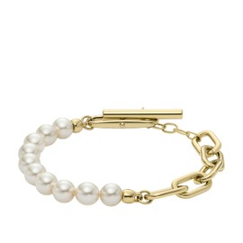 Fossil Women's Heritage Pearl D-Link Stainless Steel Chain Bracelet, Color: Gold/White (Model: JF04729710)