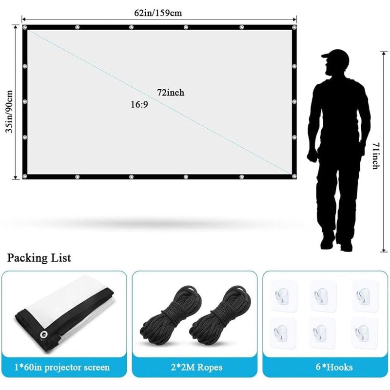 Projection Screen, 72 Inches, Large Screen, Hanging 16:9, Lightweight, Foldable,