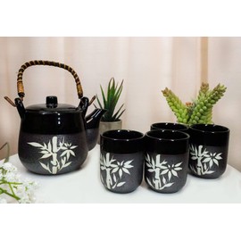 Ebros Black And Charcoal Japanese Lucky Bamboo Porcelain Tea Pot 20oz And Cups Set Serves 4 Guests With Bamboo Wooden Handle And Metal Strainer Home Decor Zen Decorative Teapots Teacups Accent