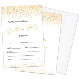 HQLOW 20PCS Gold Glitter Double-Sided Birthday Invitations with Envelopes for Boys Girls, Party Invitations Birthday Party Supplies(White) -02