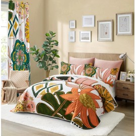 Tyrot 3 Piece Boho Floral King Size Quilt Sets Farmhouse Botanical Reversible Lightweight Bedspread Coverlet with 2 Shams Mid Century Leaves Microfiber Bedding Quilts Set for All Season, 106''x96''