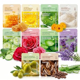 Set 10 Mascarillas Coreanas Hidratantes, Facial Cuidado de la Piel, Mascarillas en Tela Hidratante con Colágeno y Vitamina e, Surtidas Todo Tipo de Pi