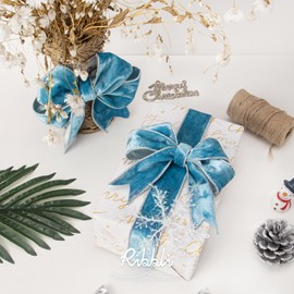 Ribbli Ice Blue Velvet Wired Ribbon 1.5 Inch Metallic Blue Crushed Velvet Christmas Ribbon for Gift Wrapping Christmas Tree Decoration Crafts Wreaths Supplies-Continuous 10 Yards