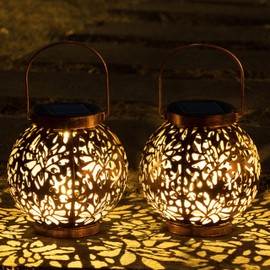 JOIEDOMI 2 Pack Outdoor Solar Hanging Lantern Lights, Waterproof Tabletop with Handle, LED Moroccan Lanterns, Metal Decorative Garden Solar Lights for Patio, Lawn, Porch, Backyard