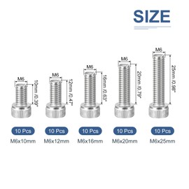 DTGN 50Pcs M6 Metric Screw Assortment, M6 Bolts Socket Head Screws, 304 Stainless Steel M6x10/12/16/20/25mm Hex Socket Head Cap Screws Bolt Set for 3D Printing DIY