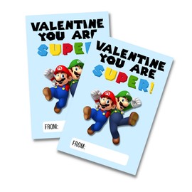 Lashicorn Super Valentine’s Day Class Cards | 30 pk 4x6” Mari Game Characters Bros Gamer Boys Valentine for School Blue Luig