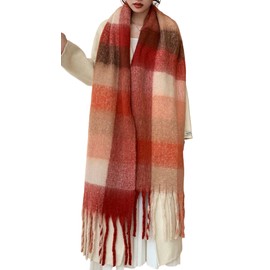 Wander Agio Winter Women Warm Scarf Long Shawl Large Scarves Cold Weather Thick Blanket Scarfs Colorful Plaid Red Orange 23
