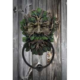 Ebros Gift English Celtic Traditional Greenman Forest Deity Spirit Decorative Door Knocker Figurine Resin Sculpture with Cast Iron Ring Ball Wiccan Tree of Life Themed Accent