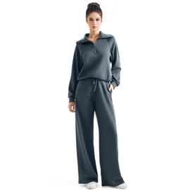 SUUKSESS Women 2 Piece Lounge Matching Sets Wide Leg Sweatpants Half Zip Oversized Sweatshirts (Dark Storm, XS)
