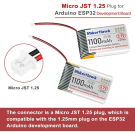 MakerHawk 3.7V 1100mAh LiPo Battery 102540 Rechargeable 1S Lithium Polymer Battery with Protection Board Insulated Rubber Tape, Micro JST 1.25 Plug for Arduino ESP32 Development Board (4 Pack)