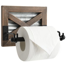 Farmhouse Toilet Paper Holder with Galvanized Metal& Black Metal - Rustic Warm Brown Wood Wall Mount Toilet Roll Holder for Bathroom Decor