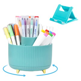 Marte Vanci Pen Pencil Holder, 360°Rotating Desk Organiser Pen Pot with Phone Stand, Makeup Brush Holder 5 Slots Desktop Stationery Art Supply Storage Caddy Accessory for Home Office School Blue