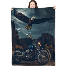 Freedom Ride Motorcycle Throw Blanket for Adults Kids, 50x60 in, Bald Eagle Theme Flannel Blankets for Bedroom, Couch, Travel, Home Decor, Fuzzy Soft Cozy Warm Gifts