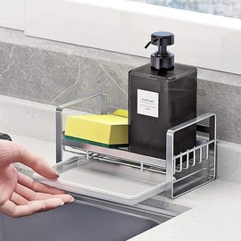 LAMPTOP Kitchen Sink Sponge Holder,Sponge Holder for Kitchen Sink with Auto Draining Tray, SUS304 Stainless Steel Kitchen Sink Organizer for Sponge Brush Dishwashing Liquid Cloth,2 Installation Ways
