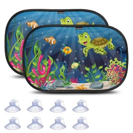 Set of 2 Sun Protection Car Baby with UV Protection, 53 x 33 cm Car Window Sun Visor for Children with 8 Suction Cups, Compatible with Passenger Car, Sun Visor Motif: Green Turtle