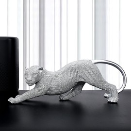 CroBlissful Silver Leopard Statue Sparkling Cheetah Resin Sculpture Prowling Leopard Medusa Statue Intricate Beaded Design for Living Room TV Stand Decorations Modern Home and Office Decor Gifts