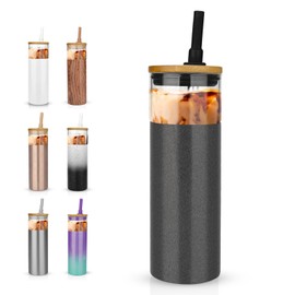 Tronco 20 oz Vacuum Insulated Glass Tumbler with Lid and Straw - Keeps Drinks Cold for 12 Hrs - Reusable Glass Cup for Iced Coffee, Smoothies & Boba - Sweat & BPA Free, Dishwasher Safe, Fit Car Holder