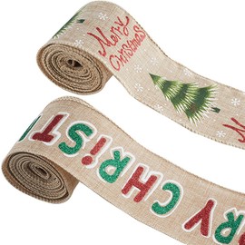 GORGECRAFT 10.9 Yards 2 Roll 63mm Wide Christmas Wired Edge Ribbons Christmas Tree Printed Linen Ribbon Merry Christmas Words Burlap Ribbon for Home DIY Decor Craft Wreath Bow Making Gift Wrapping