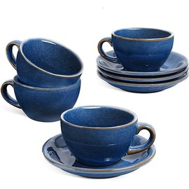 LE TAUCI 6 oz Cappuccino Cups with Saucers, Ceramic Coffee Cup for Au Lait, Double shot, Latte, Cafe Mocha, Tea - Set of 4, Ceylon Blue