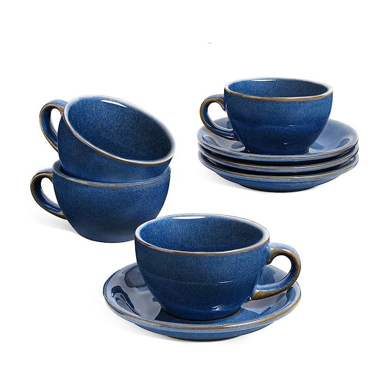 LE TAUCI 6 oz Cappuccino Cups with Saucers, Ceramic Coffee