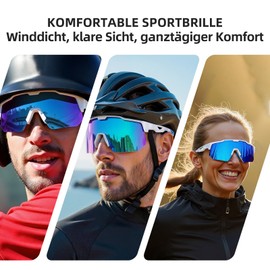 Schnelle Brille, Polarisierte Fahrradbrille Herren Damen Sportbrille,5 auschbare Gläser, 3D verstellbarer Nasenauflieger, 99% UV Schutz, leichte TR90 Brille für Radsport, Weiß & Eisblau