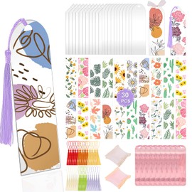 30pcs Acrylic Bookmark Blanks Set with 30 Flowers Theme UV DTF Stickers, 30Pcs 6 Color Tassels, 30 Ribbon, 30 Holographic Bags, Bookmark Making Kits for DIY Crafts, Book Lover Gifts