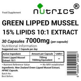 Nutrics® Green Lipped Mussel Extract Capsules 7,000mg per Capsule 15% Lipids 10:1 Extract 100% Pure No Fillers Binders or Bulking Agents 30 Capsules