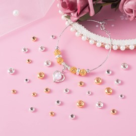 HINZIC 40pcs 5/6/7/8mm Stopper Beads, Brass Silicone Spacer Rondelle Slider Beads with Rubber Inside, Adjustable Clasps Loose Beads for DIY European Bracelets Necklaces Jewelry Making (Gold, Silver)