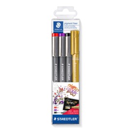 STAEDTLER Fineliner Set, Colourful Pigment Liner and Metallic Marker Gold, for Decorative Painting and Creative Writing, Ideal for Photo Albums and Greeting Cards, 308 SWP3P, 4 Pieces (Pack of 1)
