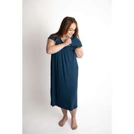 Three Little Tots Mommy Labor and Delivery Gown - Stretchy Soft Maternity and Nursing Nightgown (Navy, Medium/Large)