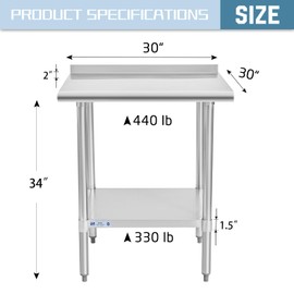 Hally Stainless Steel Table for Prep & Work 30 x 30 Inches, NSF Commercial Heavy Duty Table with Undershelf and Backsplash for Restaurant, Home and Hotel