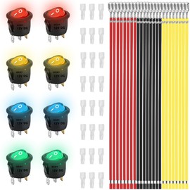 MKBKLLJY 8 Pieces Round Rocker Switch ON/OFF SPST DC 12V 20A 3-Pin 2 Position Snap In KCD1 20mm Mini Red Yellow Blue Green LED Light Illuminated Circle Boat Toggle Switch 24 Pieces Connection Cable