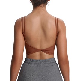 Aoxjox Women's Workout Sports Bras Fitness Yoga Crop Tank Twist Back Cami (Dandelion Brown, X-Small)