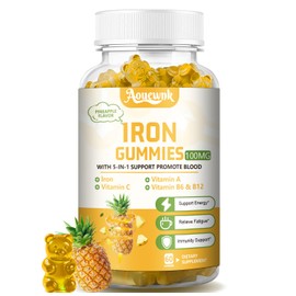 Aouewnk 1 Pack 100MG Iron Supplements Gummies for Women & Men - Contains Vitamin C, A, B - Suitable Adults & Kids, Iron Deficiency, Immune & Energy Support, Pineapple Flavor, Non-GMO, 60 Counts