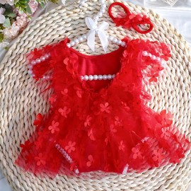 Newborn Photography Outfits Girl, Photo Shoot Props, Baby Girls Bodysuit with Flower Headband (Red)
