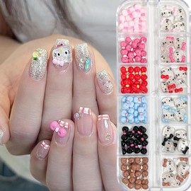 12Gird Cute 3D Nail Art Charms Set, Shiny Cute Nail Rhinestones Cartoon Cat Designs Cute Cat Bow Nail Art Jewelry Resin Bow Nail Charms for Acrylic Nails Accessories Manicure DIY Crafts