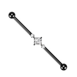 Pierced Owl 14GA G23 Implant Grade Titanium 2 Round CZ Crystals and Square Crystal Center Internally Threaded Industrial Barbell, Titanium, cubic zirconia