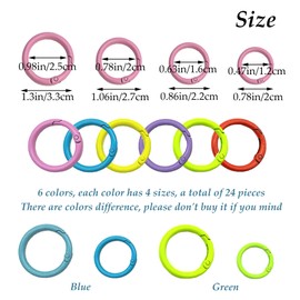 LIANCHEN 24 Pieces 6 Colours Round Carabiner Key Ring Round Carabiner Hook Trigger Alloy Spring Key Ring Buckle Metal Spring O Ring for Keys DIY Bag (4 Sizes)