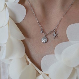 Cimenexe Bohemian Crystal Shell Choker Necklace Silver Clam Shell Pendant Necklace Cz Starfish Collar Necklace Scallop Paperclip Link Chain Necklace Jewelry for Women